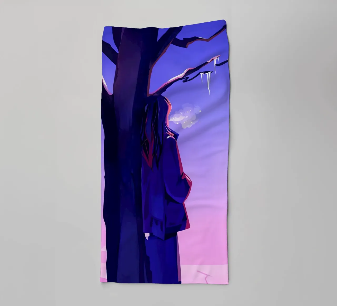 Fille debout à côté d'un arbre regardant le ciel violet Lofi Art serviette de bain de LoFi Gallery