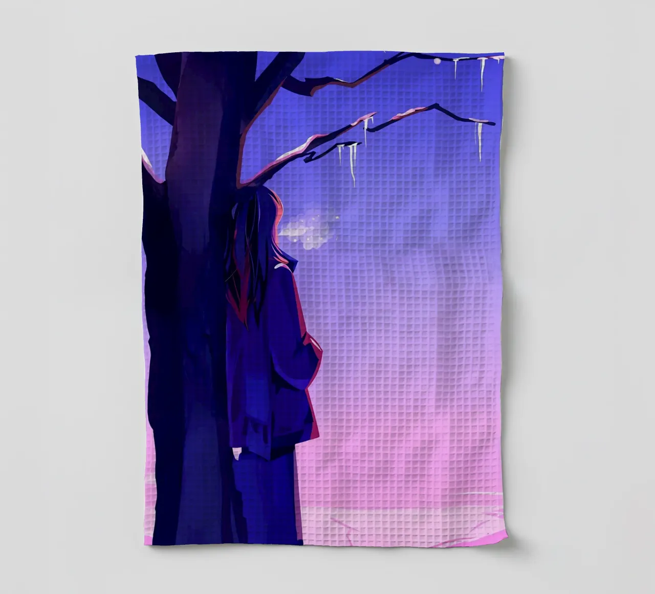 Ragazza in piedi accanto a un albero che guarda il cielo viola Lofi Art canovaccio da cucina da LoFi Gallery