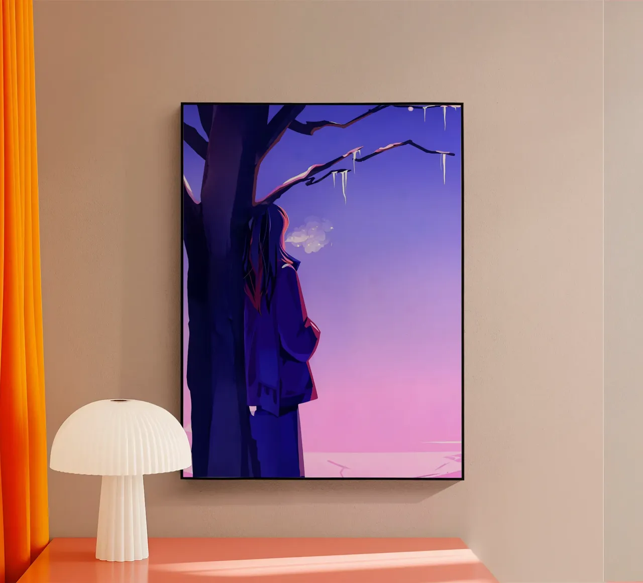 Ragazza in piedi accanto a un albero che guarda il cielo viola Lofi Art plexiglass da LoFi Gallery
