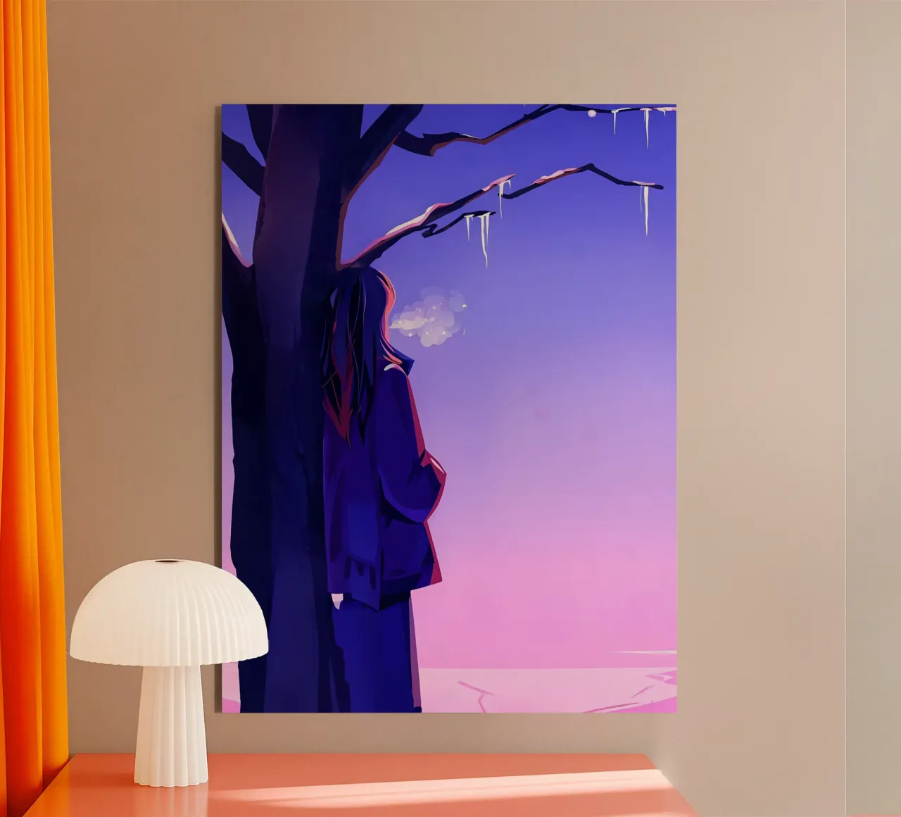 Ragazza in piedi accanto a un albero che guarda il cielo viola Lofi Art alluminio dibond da LoFi Gallery