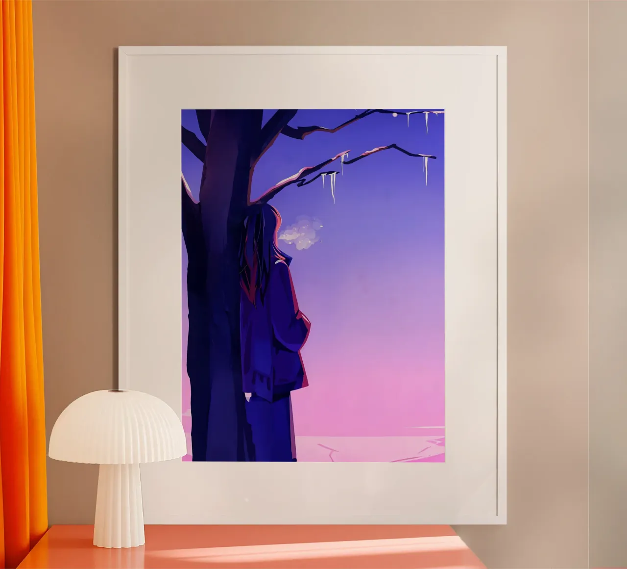Girl Standing Beside A Tree Looking At Purple Sky Lofi Art poster by LoFi Gallery