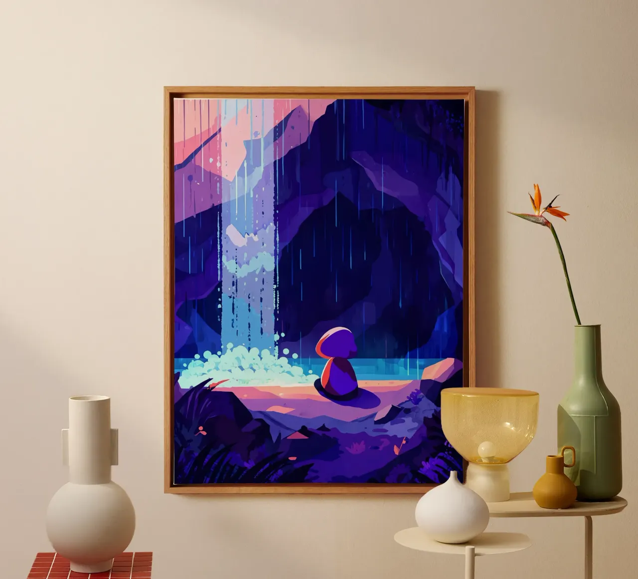 Oude vrouw zittend bij een waterval Lofi Art canvas met Baklijst van LoFi Gallery