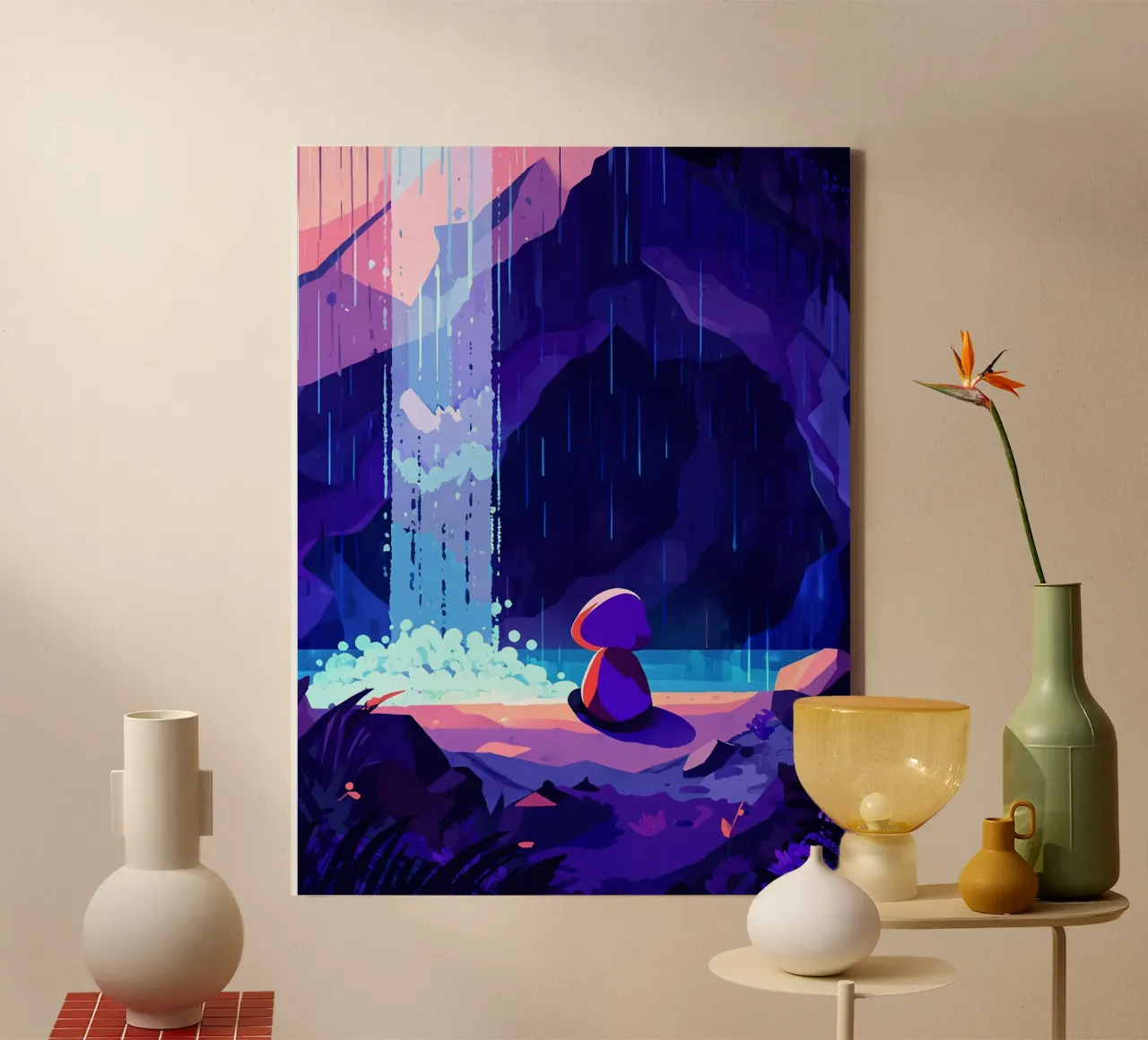 Oude vrouw zittend bij een waterval Lofi Art canvas met Baklijst van LoFi Gallery