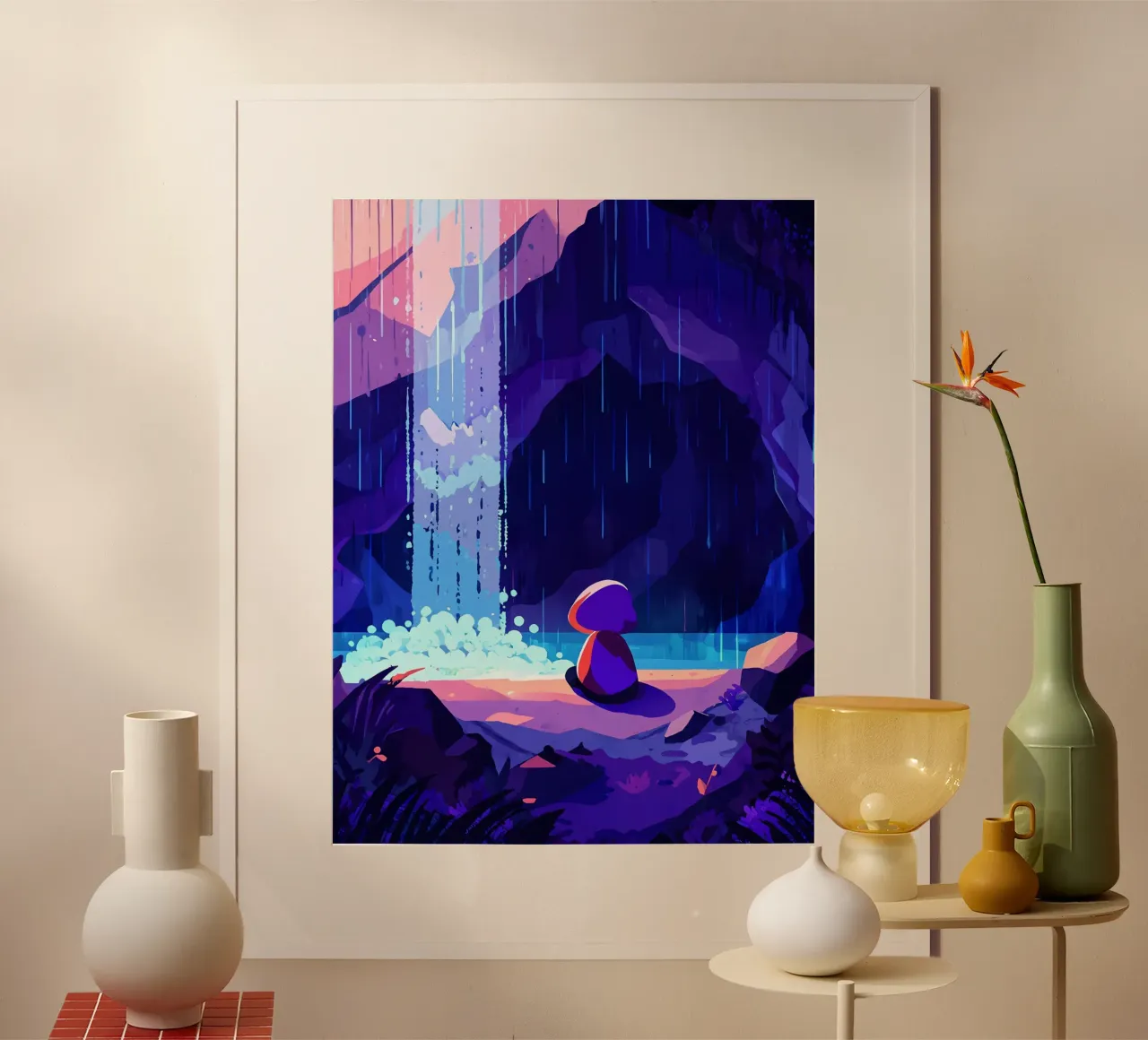 Alte Frau, die in der Nähe eines Wasserfalls sitzt Lofi Art Poster mit Holzrahmen von LoFi Gallery