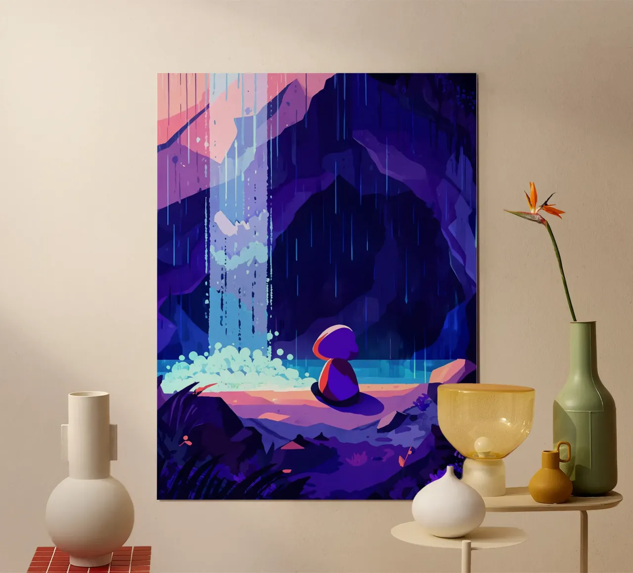 Alte Frau, die in der Nähe eines Wasserfalls sitzt Lofi Art Poster mit Holzrahmen von LoFi Gallery