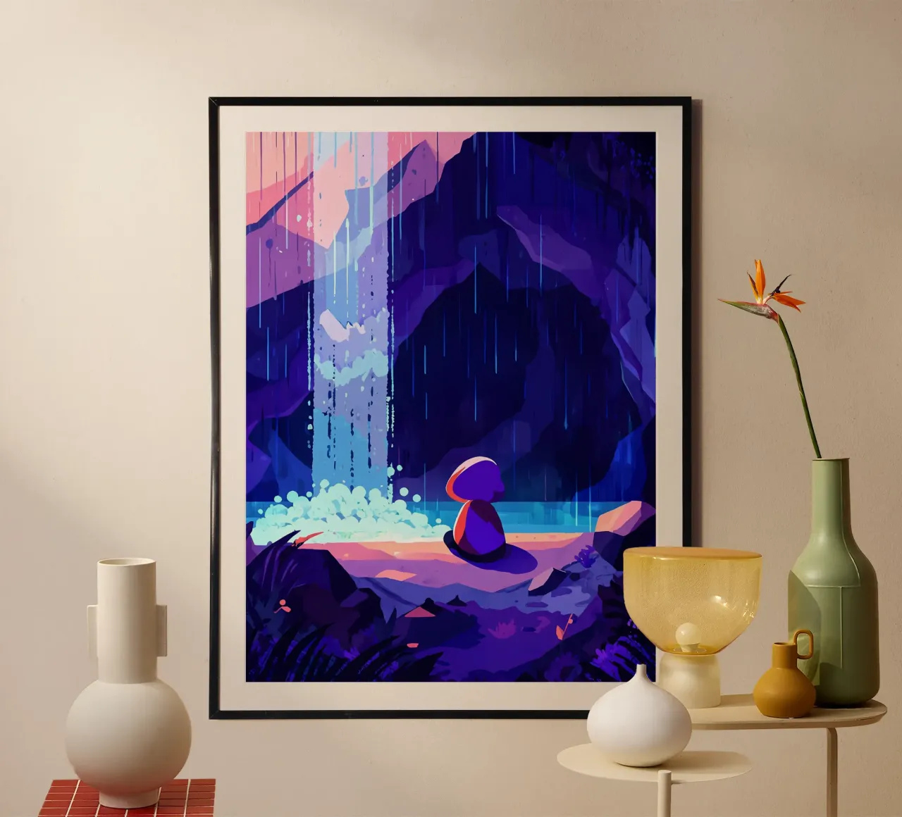 Alte Frau, die in der Nähe eines Wasserfalls sitzt Lofi Art Poster mit Holzrahmen von LoFi Gallery