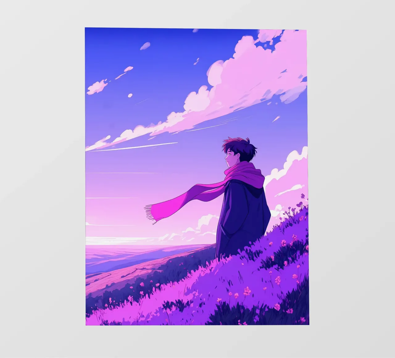 Una persona con sciarpa in piedi su una discesa Lofi Art telo in pvc da LoFi Gallery