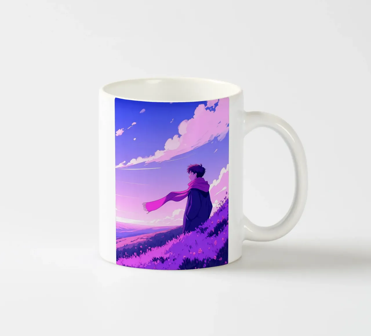 Una persona con sciarpa in piedi su una discesa Lofi Art tazza in ceramica da LoFi Gallery