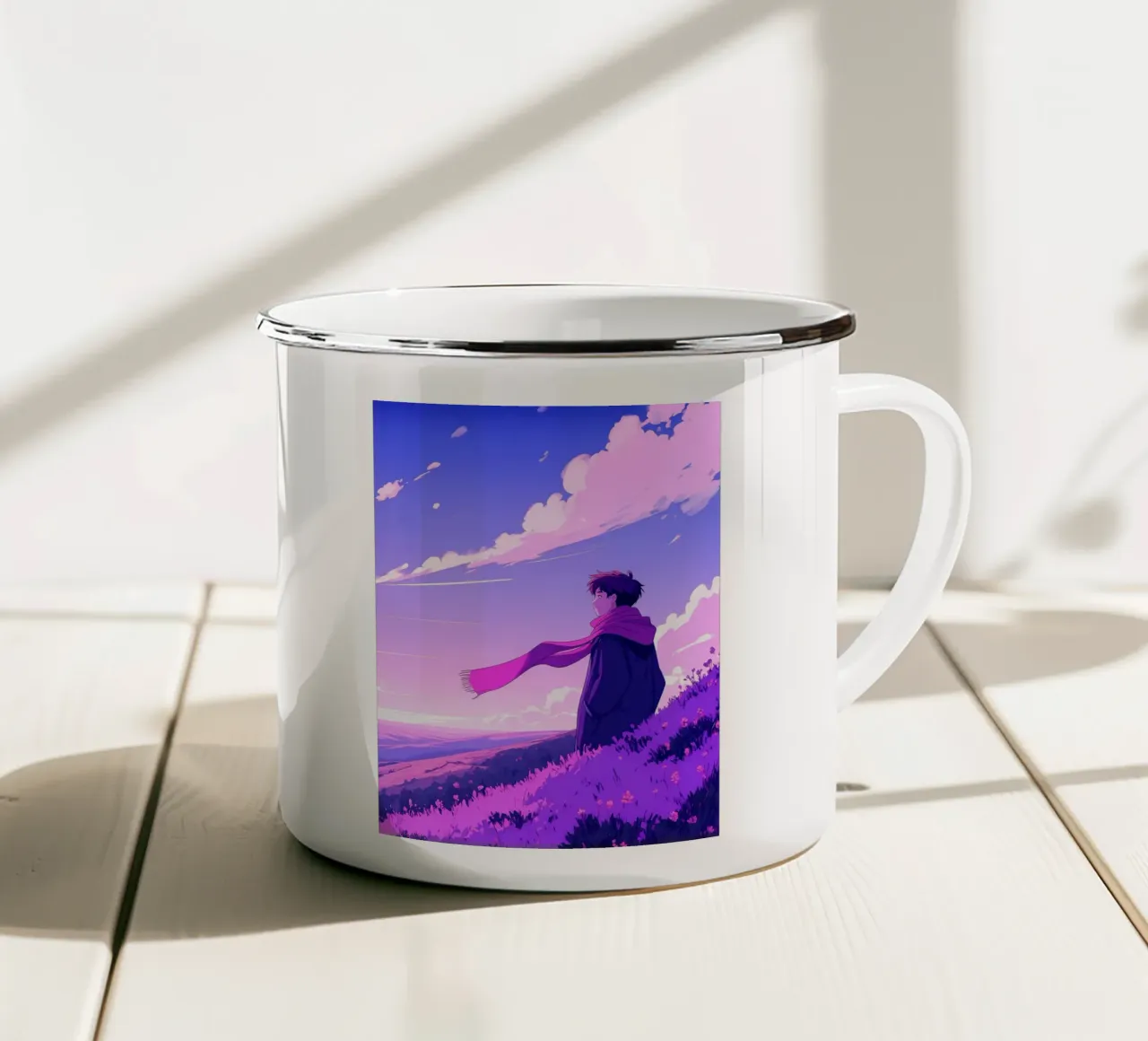 Une personne en écharpe debout dans une descente Lofi Art mug en émail de LoFi Gallery