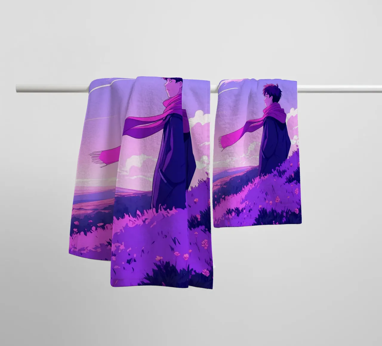 Una persona con sciarpa in piedi su una discesa Lofi Art asciugamano da bagno da LoFi Gallery