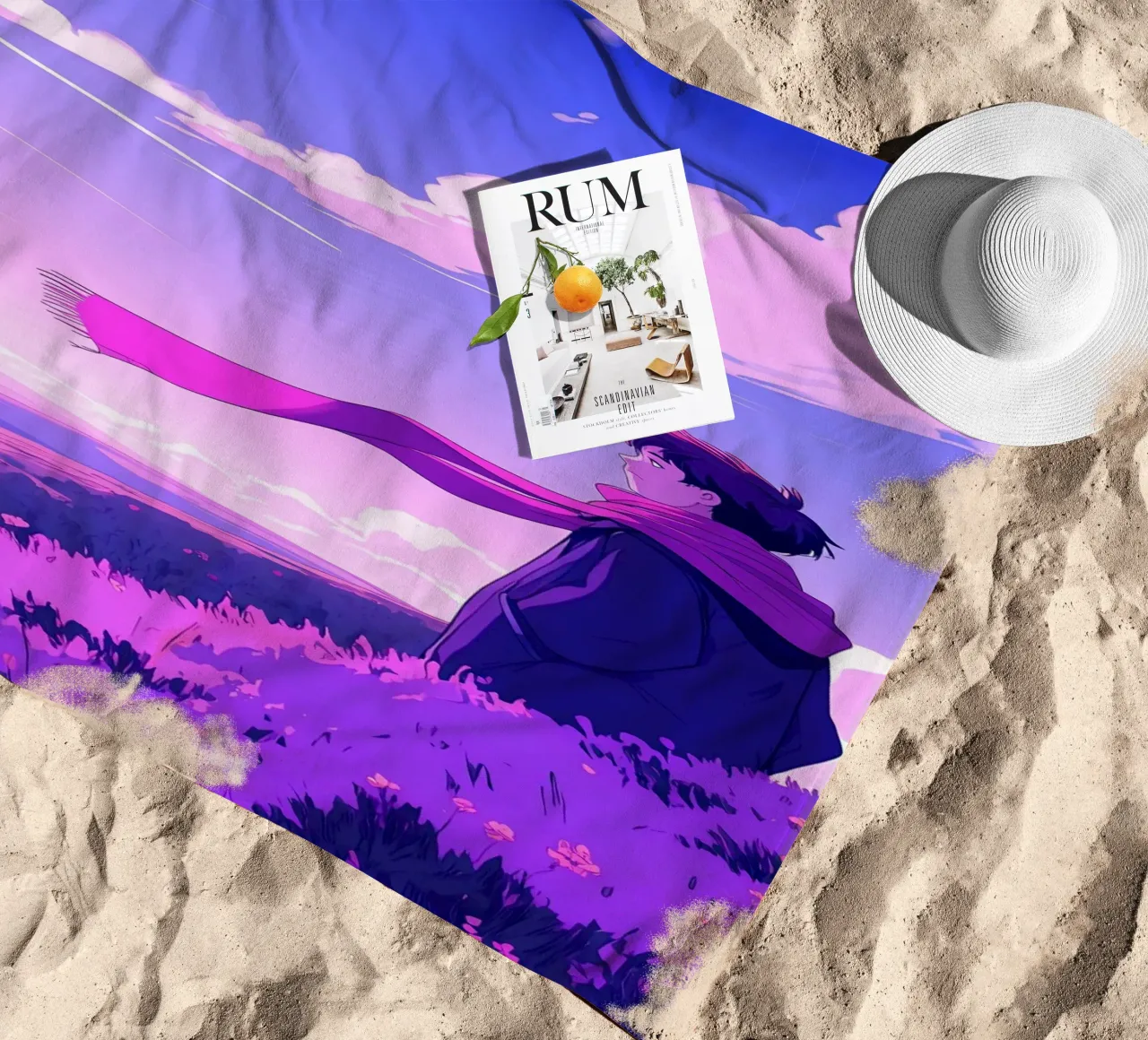 Una persona con sciarpa in piedi su una discesa Lofi Art telo mare da LoFi Gallery