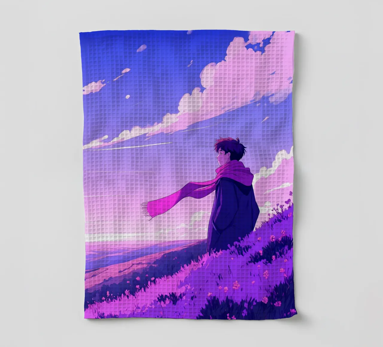 Une personne en écharpe debout dans une descente Lofi Art torchon de LoFi Gallery