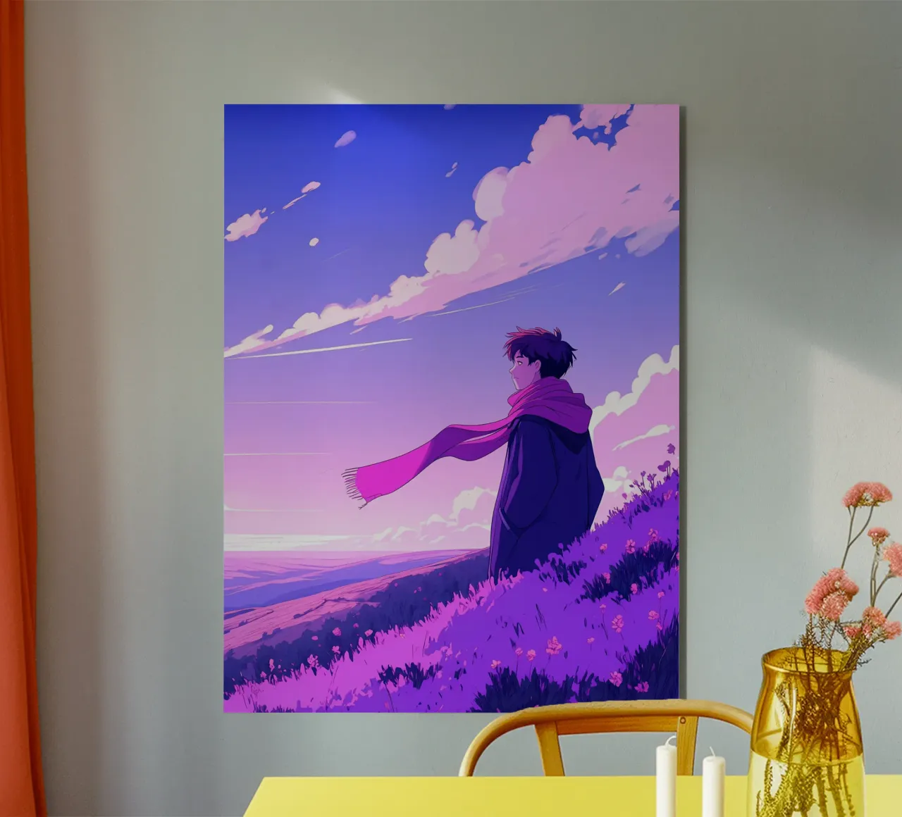 Una persona con sciarpa in piedi su una discesa Lofi Art alluminio dibond da LoFi Gallery