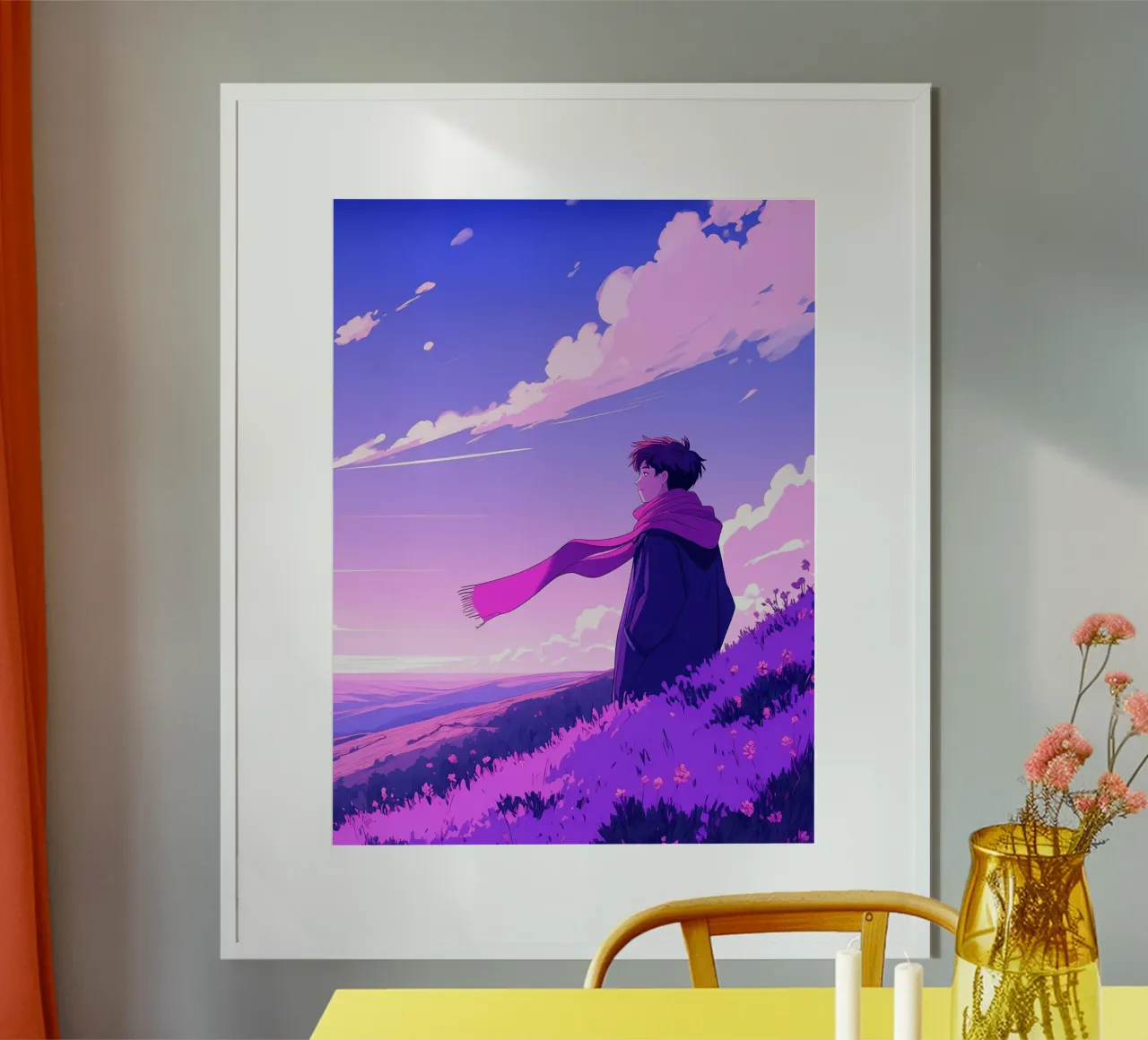 Une personne en écharpe debout dans une descente Lofi Art poster avec cadre en plastique de LoFi Gallery