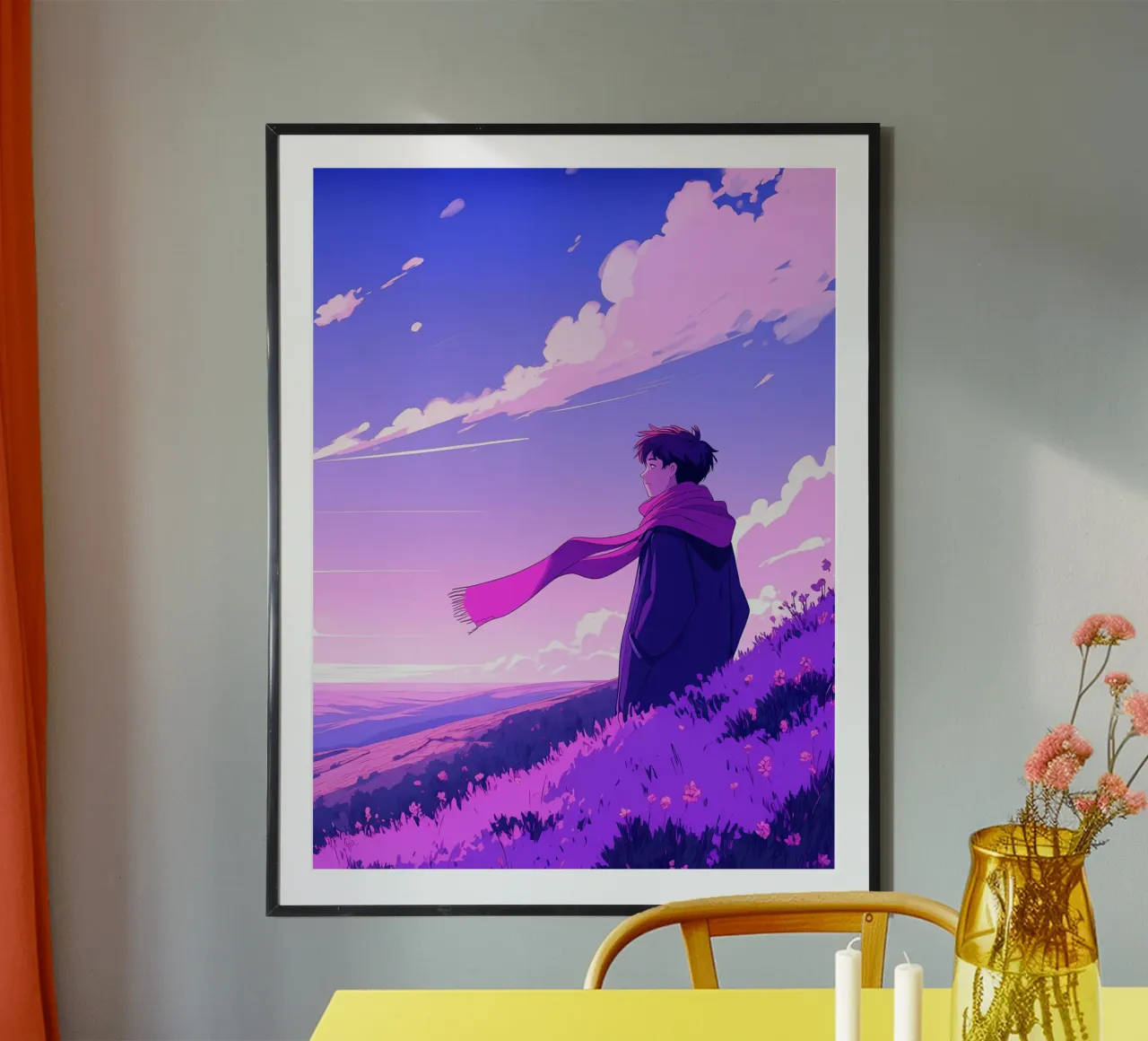 Une personne en écharpe debout dans une descente Lofi Art poster avec cadre en plastique de LoFi Gallery