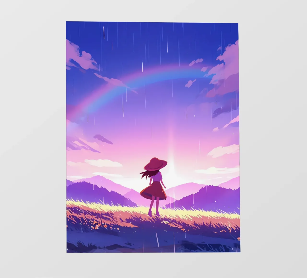 Una ragazza in piedi e guardando l'alba e l'arcobaleno Lofi Art pellicola backlit da LoFi Gallery