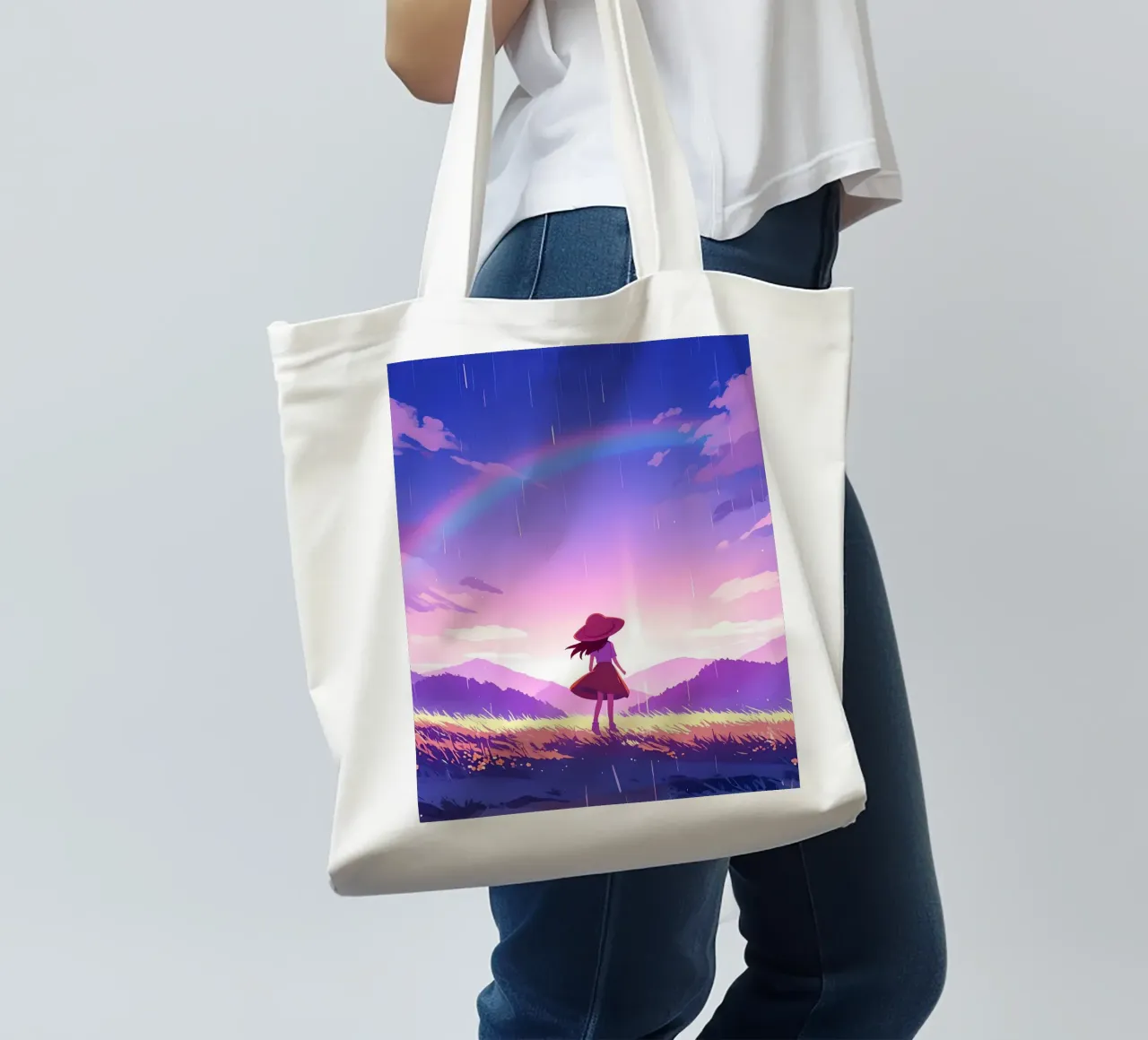 Una ragazza in piedi e guardando l'alba e l'arcobaleno Lofi Art borsa in juta da LoFi Gallery