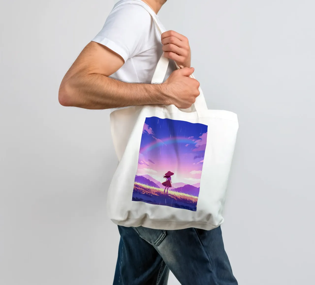 Una ragazza in piedi e guardando l'alba e l'arcobaleno Lofi Art borsa in juta da LoFi Gallery