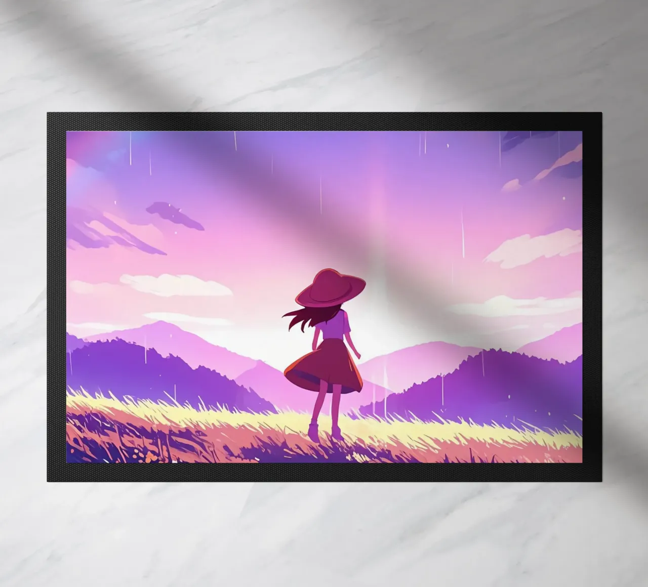Una ragazza in piedi e guardando l'alba e l'arcobaleno Lofi Art zerbino da LoFi Gallery