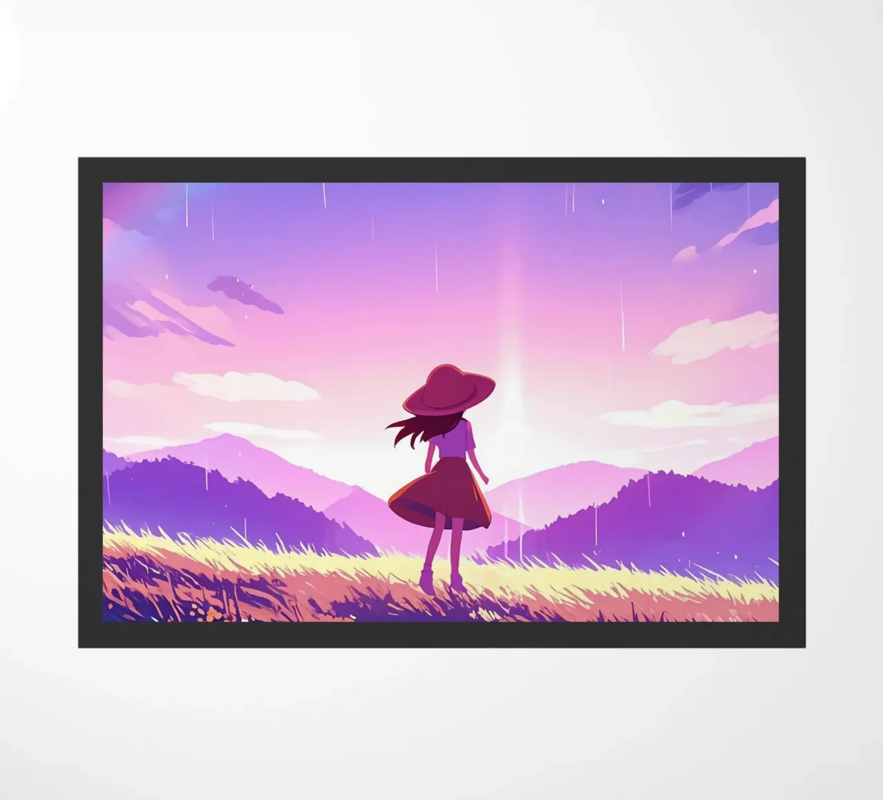 Una ragazza in piedi e guardando l'alba e l'arcobaleno Lofi Art zerbino da LoFi Gallery