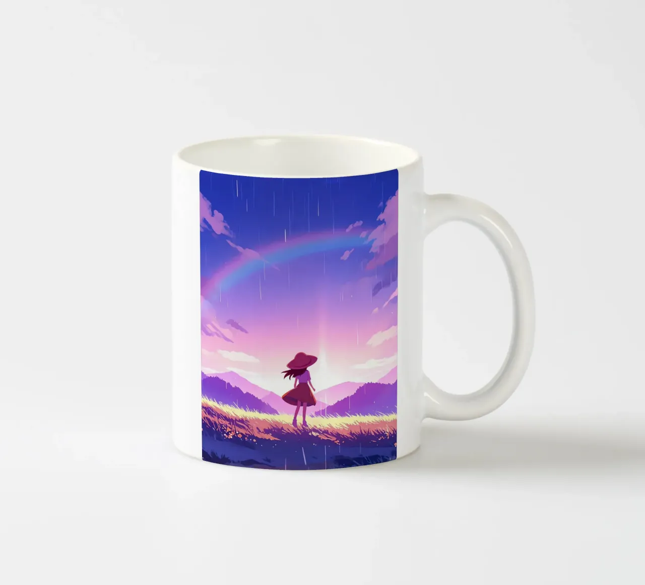 Una ragazza in piedi e guardando l'alba e l'arcobaleno Lofi Art tazza in ceramica da LoFi Gallery