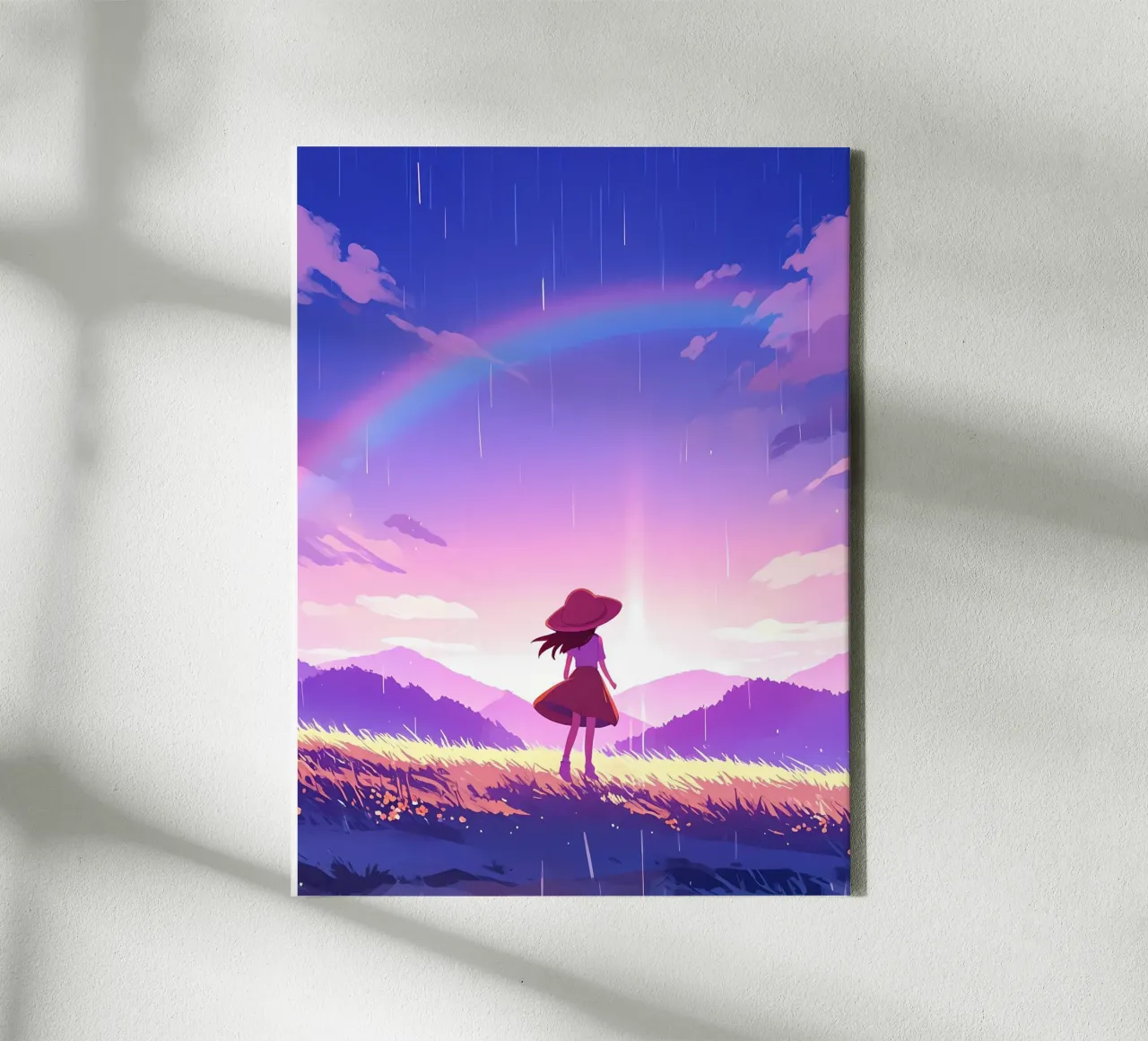 Una ragazza in piedi e guardando l'alba e l'arcobaleno Lofi Art tela da LoFi Gallery