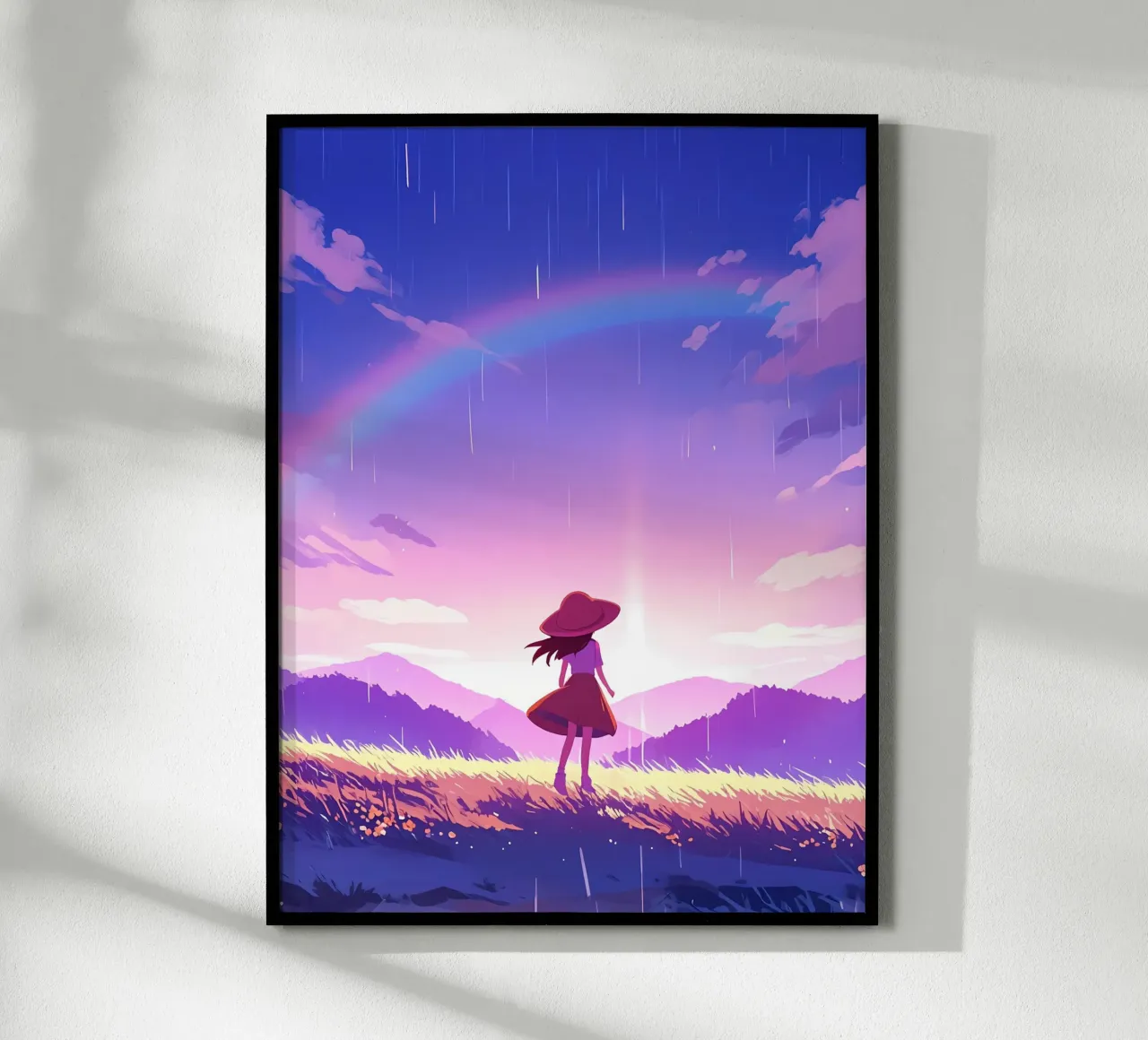 Una ragazza in piedi e guardando l'alba e l'arcobaleno Lofi Art carta hahnemühle da LoFi Gallery