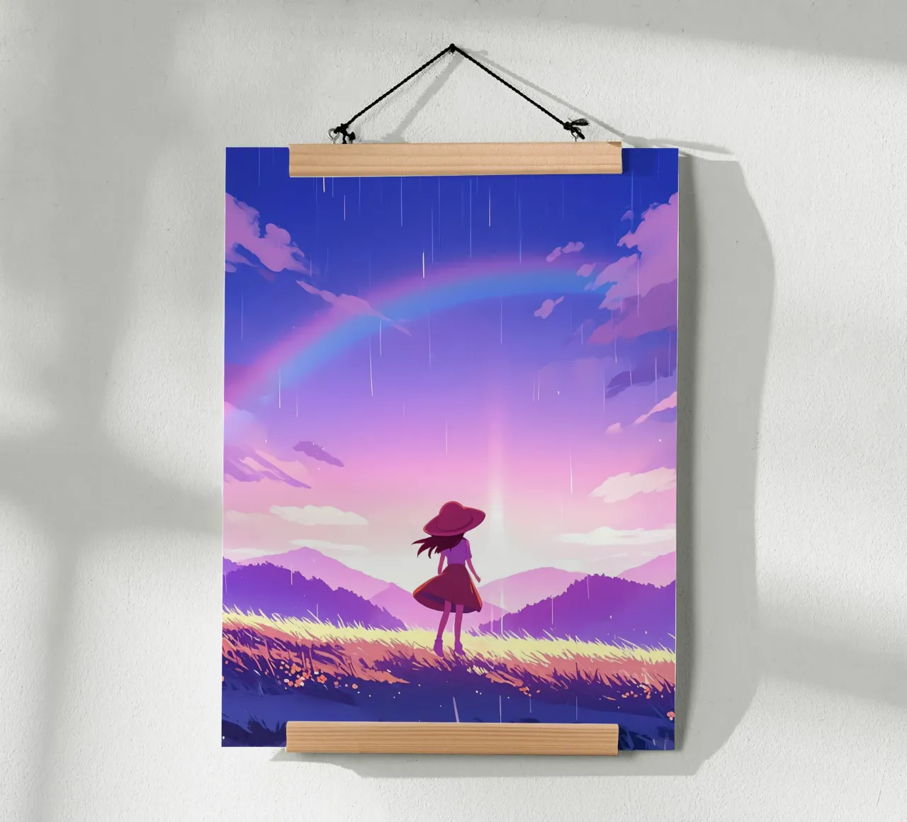 Una ragazza in piedi e guardando l'alba e l'arcobaleno Lofi Art carta hahnemühle da LoFi Gallery