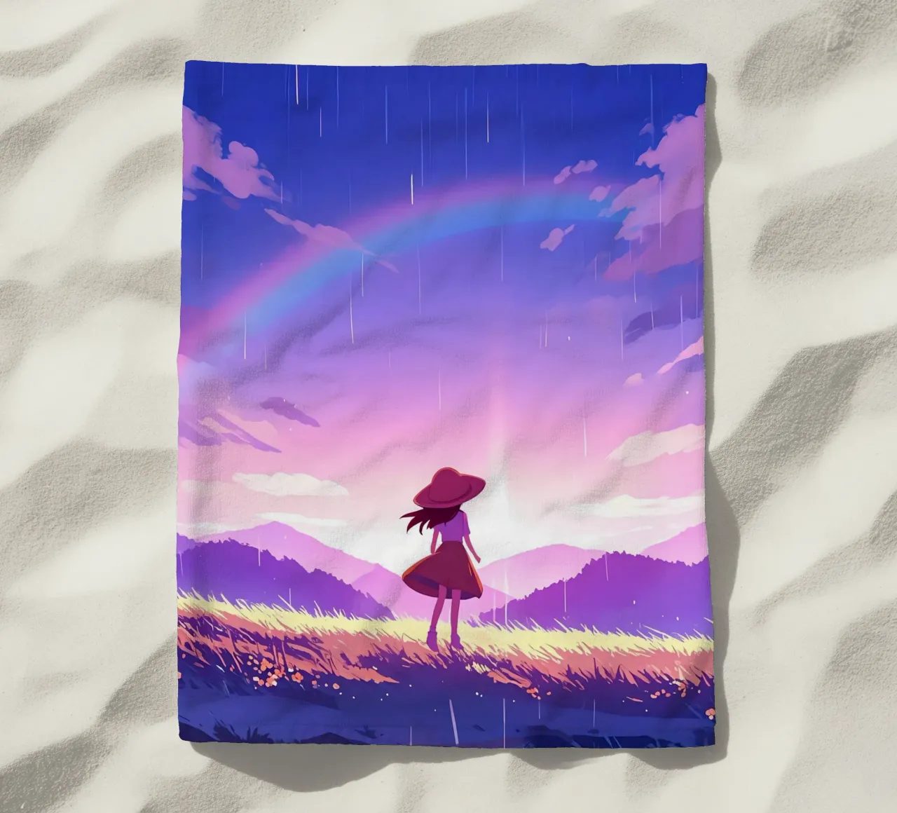Una ragazza in piedi e guardando l'alba e l'arcobaleno Lofi Art telo mare da LoFi Gallery