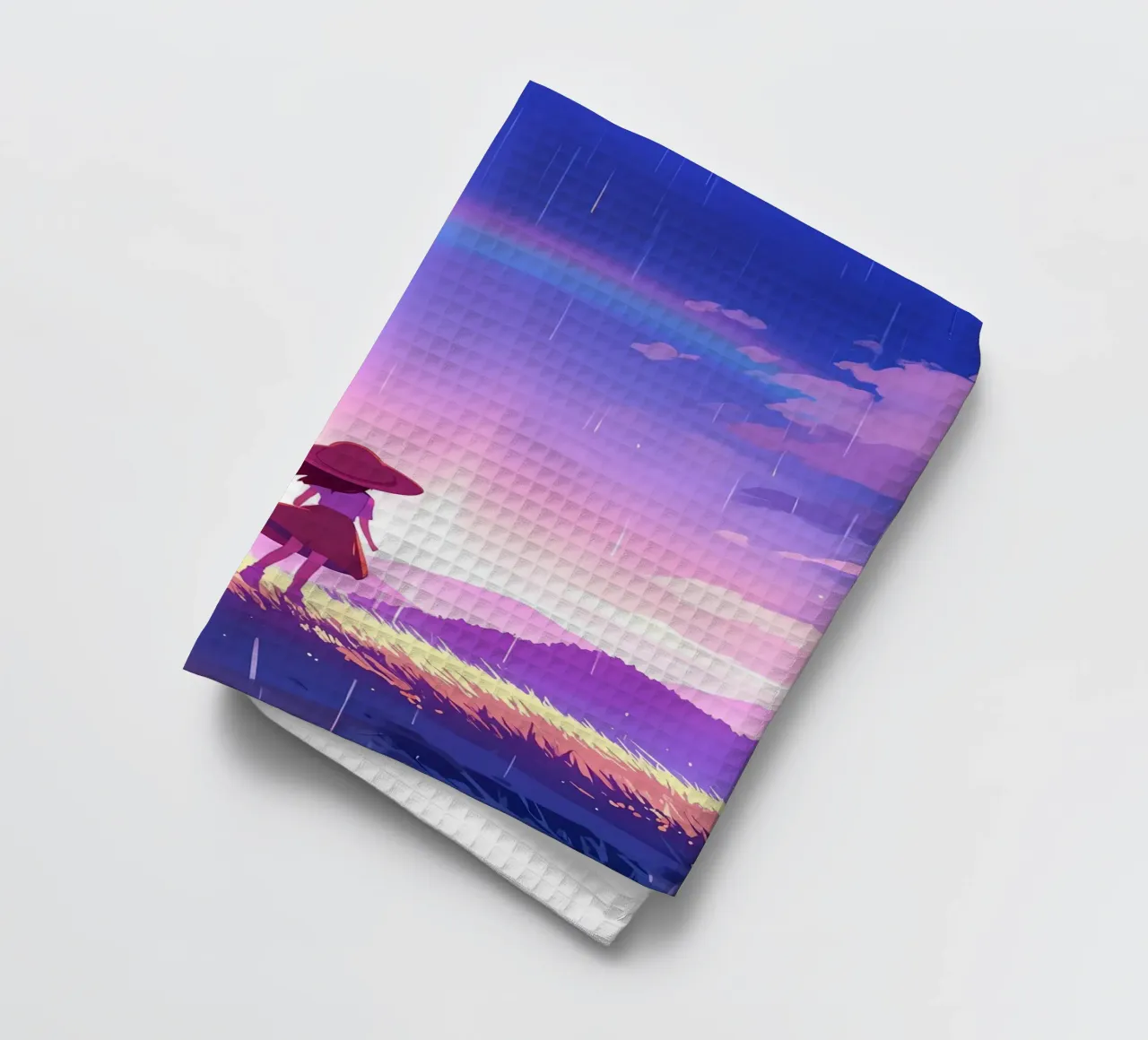 Una ragazza in piedi e guardando l'alba e l'arcobaleno Lofi Art canovaccio da cucina da LoFi Gallery