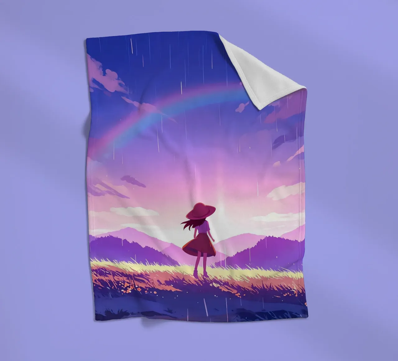 Una ragazza in piedi e guardando l'alba e l'arcobaleno Lofi Art coperta in pile da LoFi Gallery