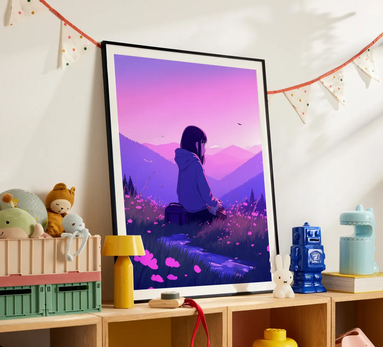 Ein Schulmädchen auf der Suche nach floralen Landschaften in den Bergen Lofi Art Hahnemühle von LoFi Gallery