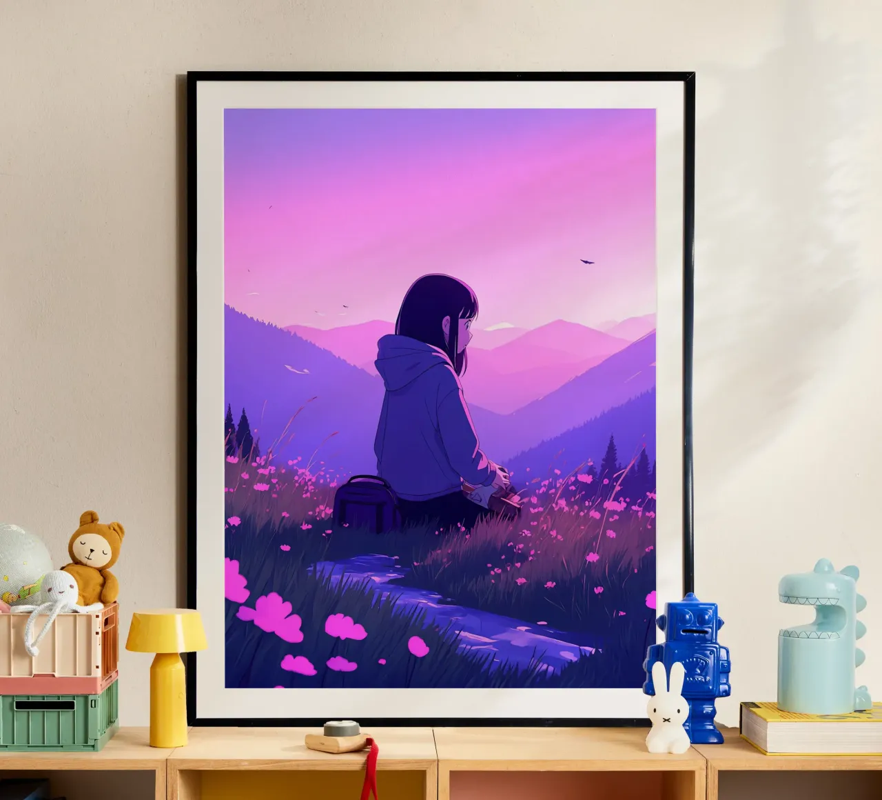 Ein Schulmädchen auf der Suche nach floralen Landschaften in den Bergen Lofi Art Hahnemühle von LoFi Gallery