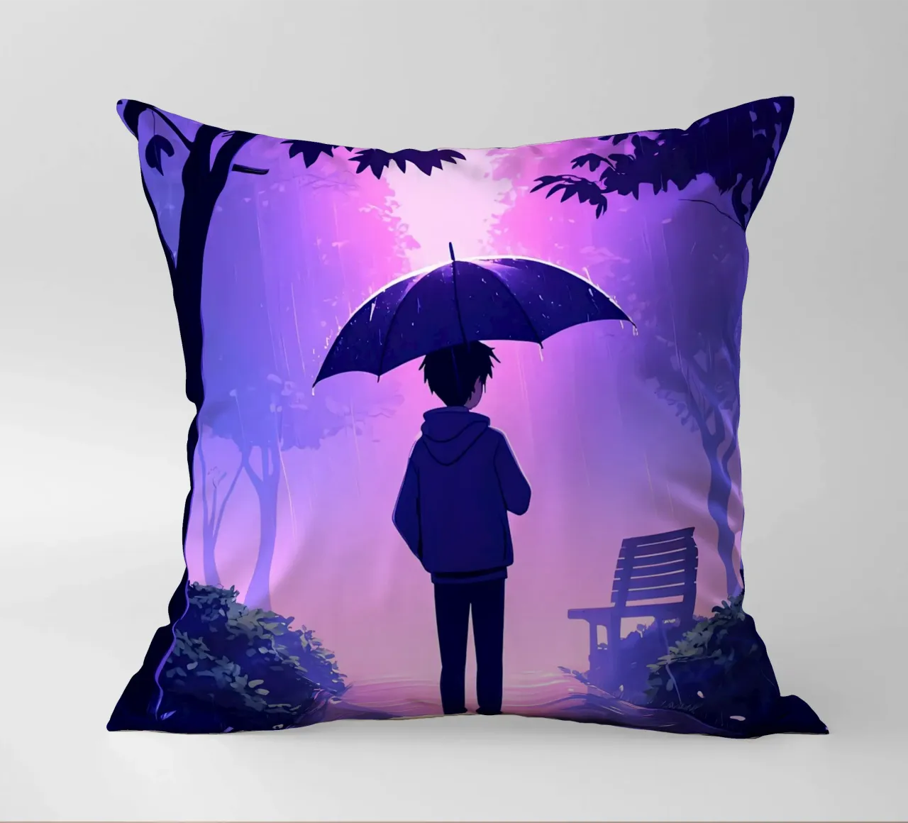 Un ragazzo con ombrello in piedi nel parco di notte pioggia Lofi Art cuscino da LoFi Gallery
