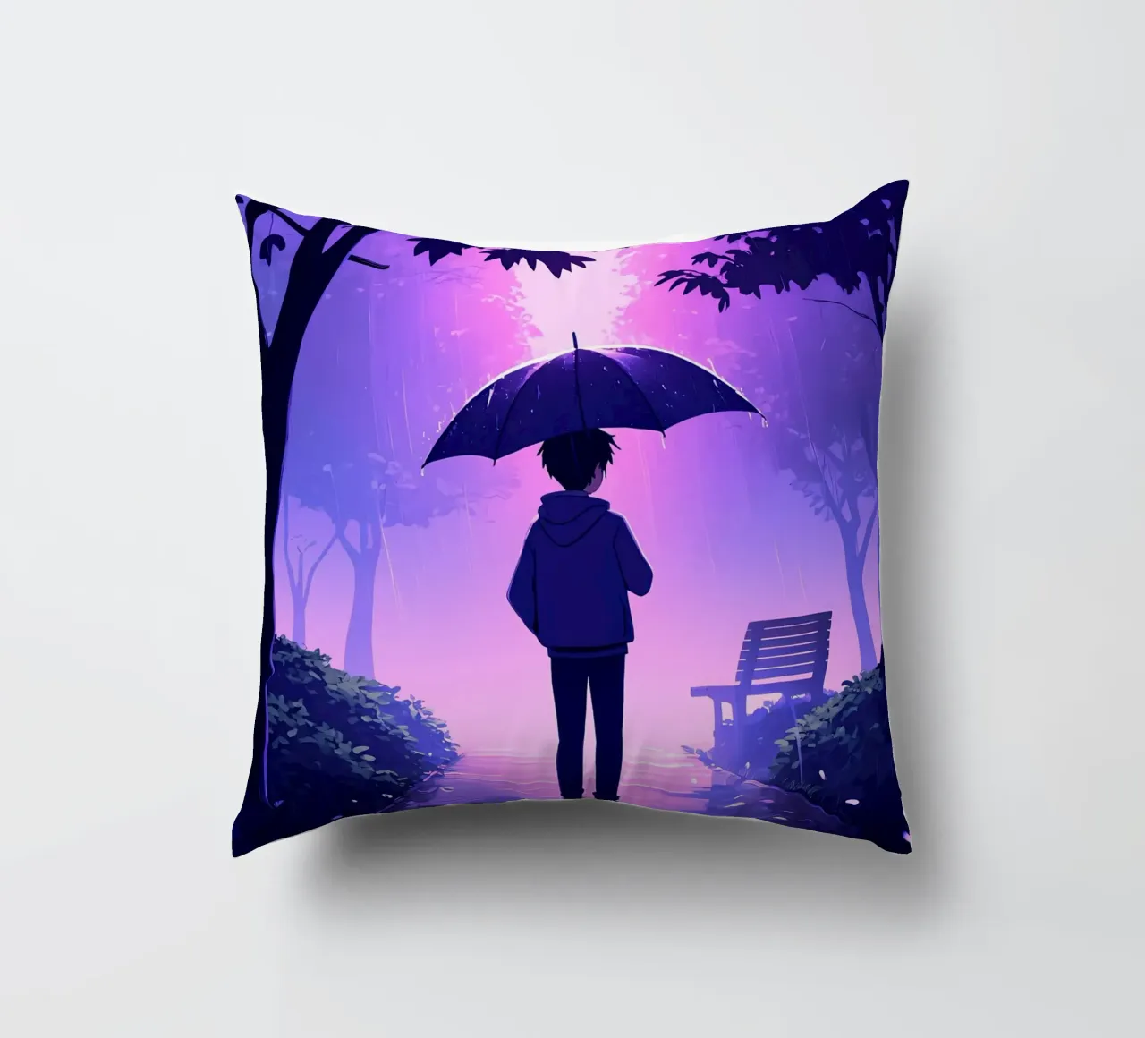 Un ragazzo con ombrello in piedi nel parco di notte pioggia Lofi Art cuscino da LoFi Gallery