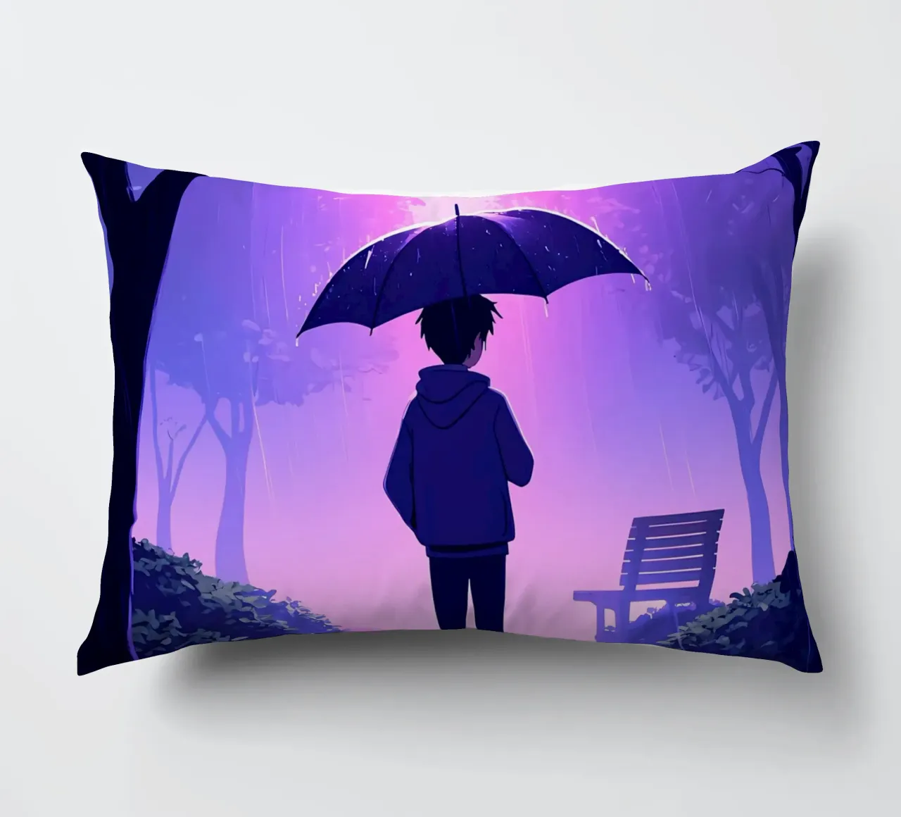 Un ragazzo con ombrello in piedi nel parco di notte pioggia Lofi Art cuscino da LoFi Gallery