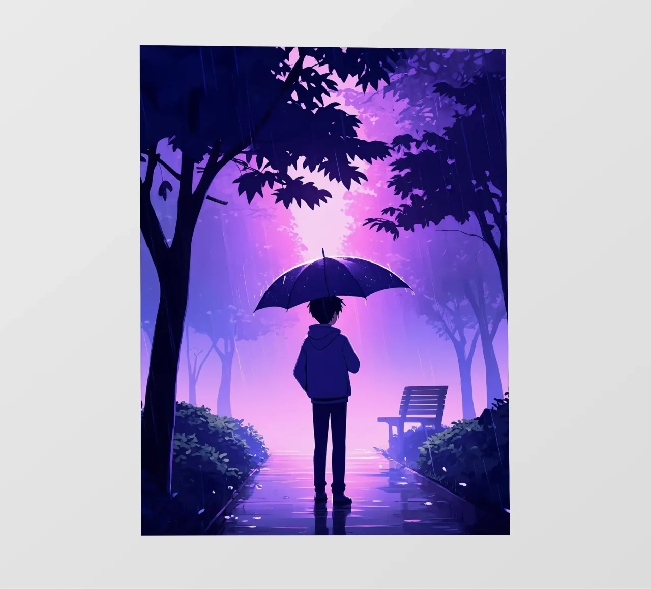 Un ragazzo con ombrello in piedi nel parco di notte pioggia Lofi Art telo in pvc da LoFi Gallery