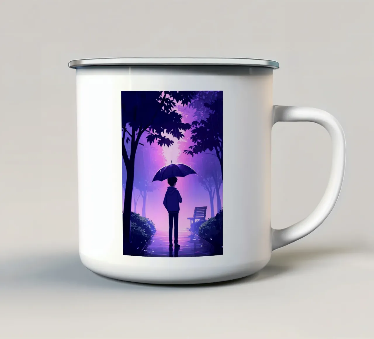 Un ragazzo con ombrello in piedi nel parco di notte pioggia Lofi Art tazza in smalto da LoFi Gallery