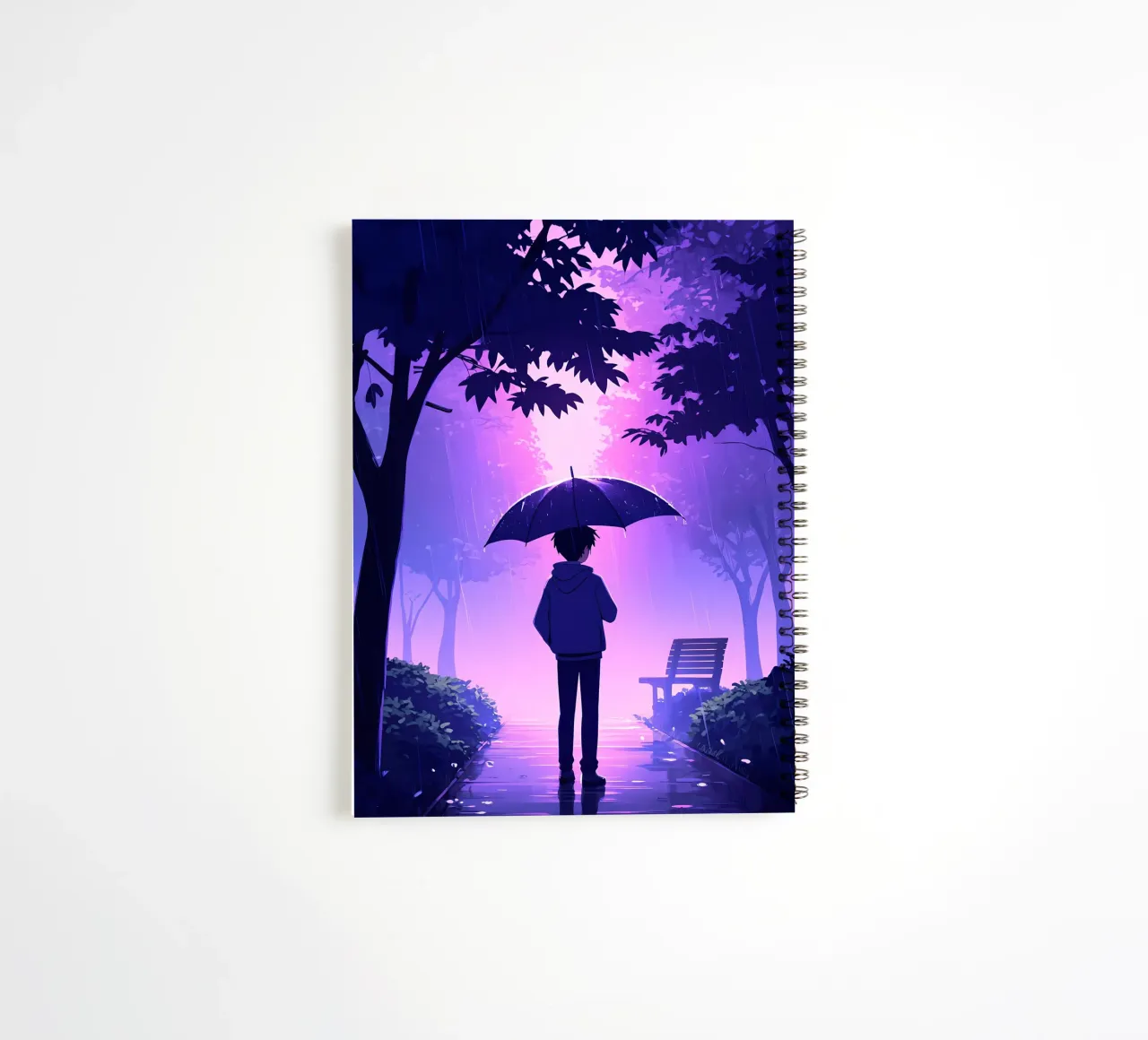 A Boy With Umbrella Standing In Park In Night Rain Lofi Art spiral notebook by LoFi Gallery