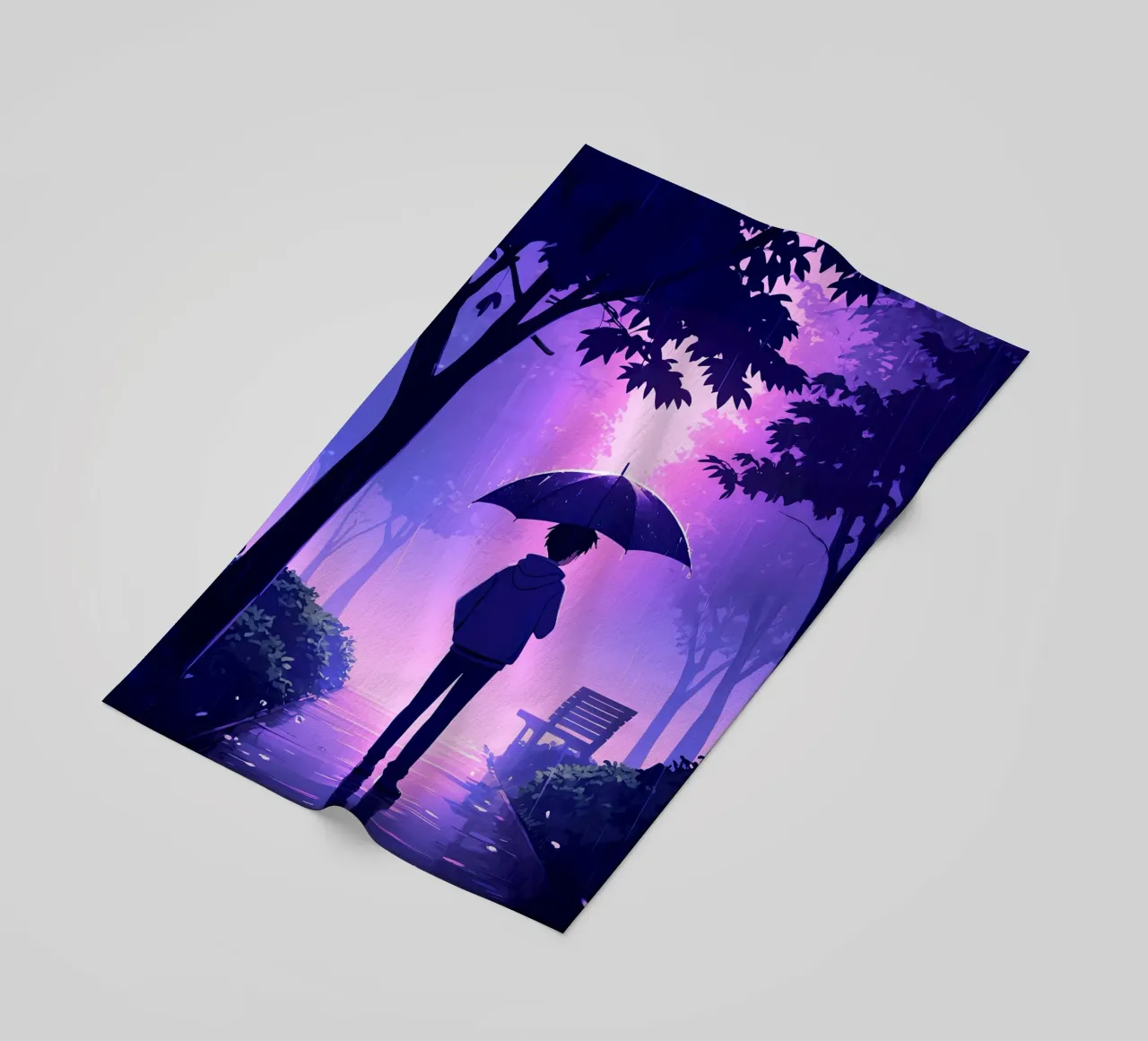 Un ragazzo con ombrello in piedi nel parco di notte pioggia Lofi Art telo mare da LoFi Gallery