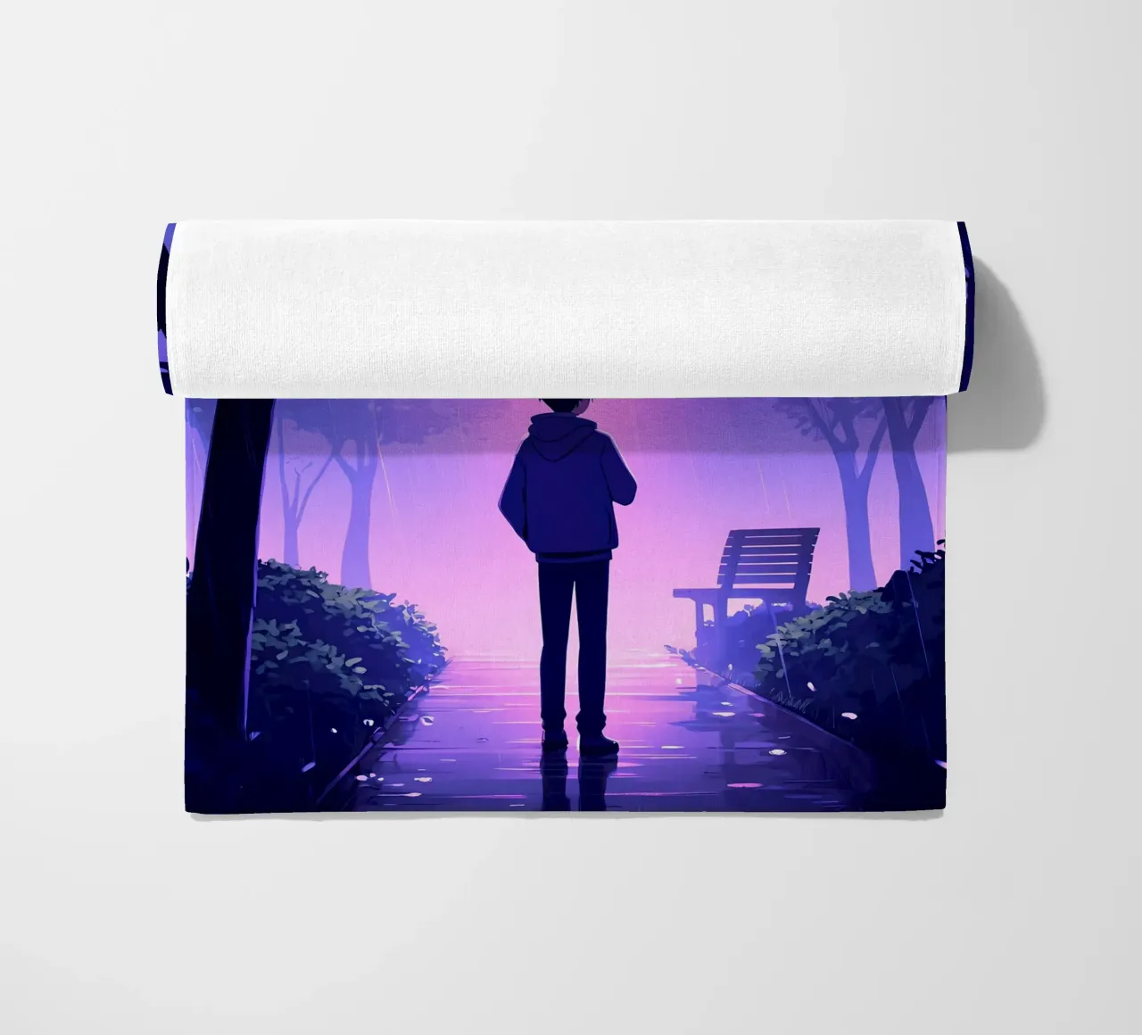 Un ragazzo con ombrello in piedi nel parco di notte pioggia Lofi Art telo mare da LoFi Gallery