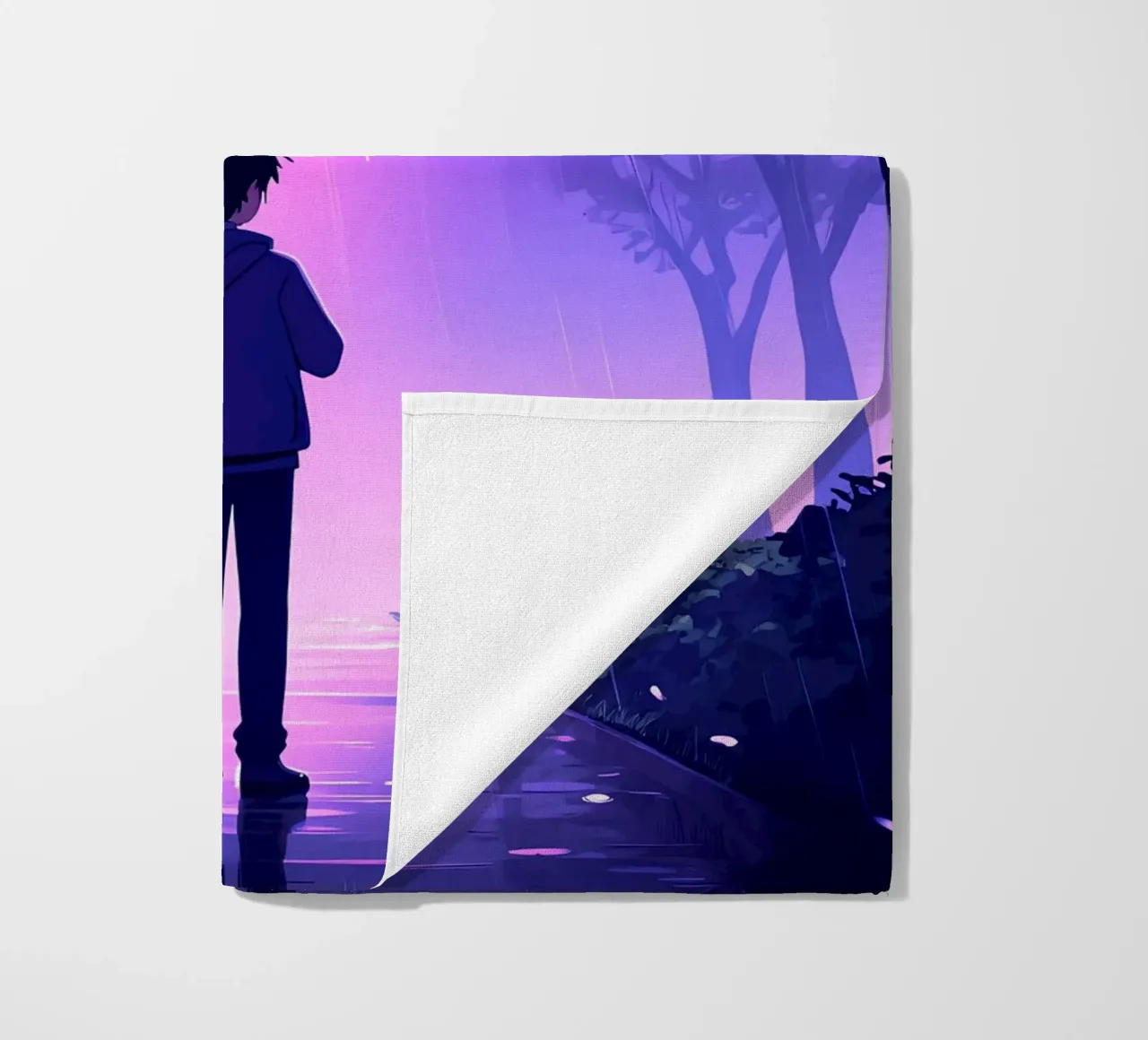 Un ragazzo con ombrello in piedi nel parco di notte pioggia Lofi Art telo mare da LoFi Gallery