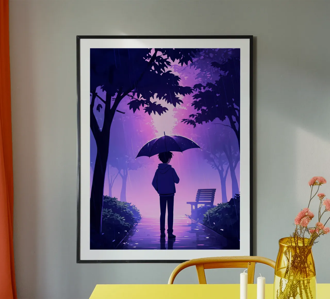 Un ragazzo con ombrello in piedi nel parco di notte pioggia Lofi Art carta hahnemühle da LoFi Gallery