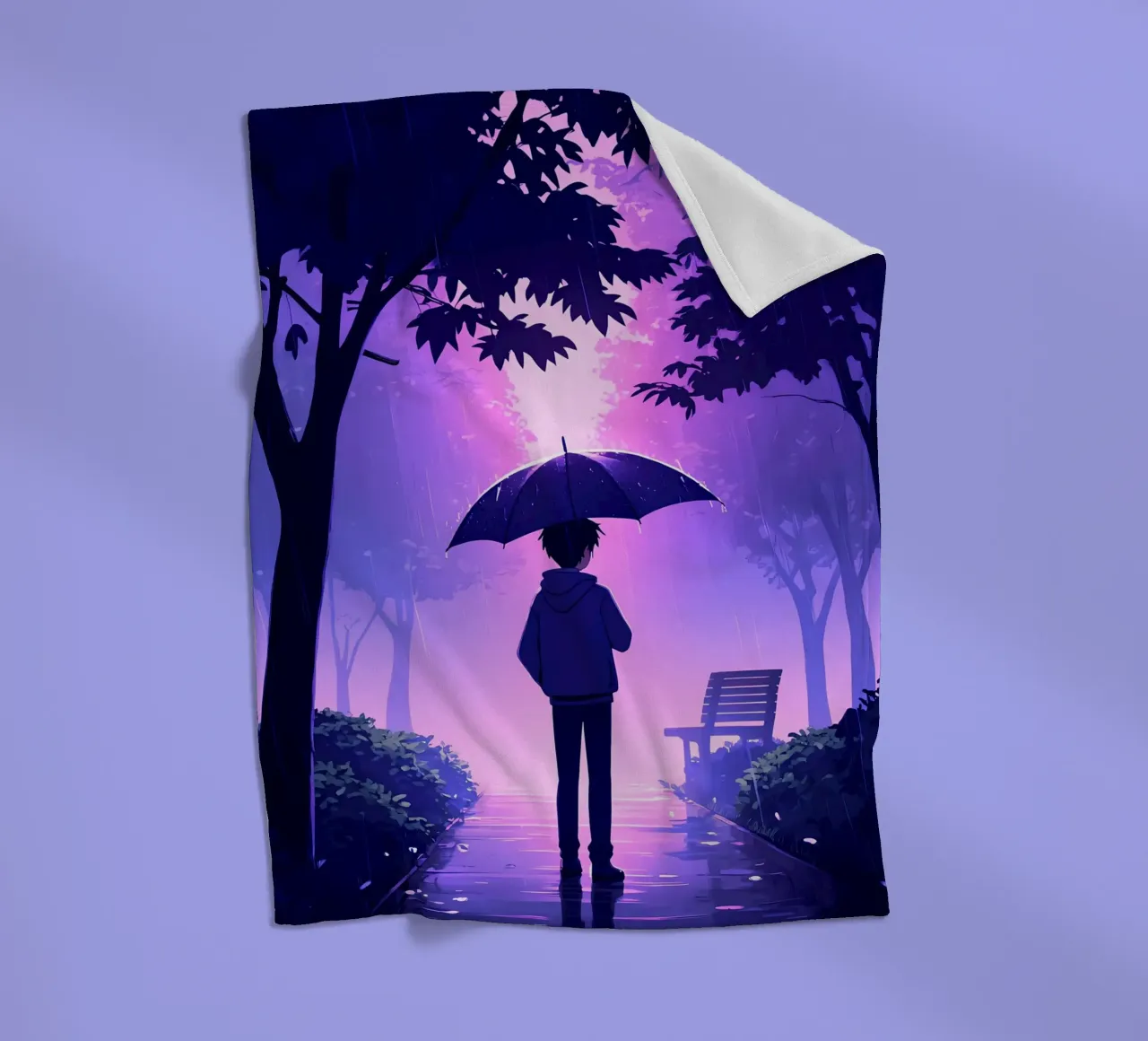 Un ragazzo con ombrello in piedi nel parco di notte pioggia Lofi Art coperta in pile da LoFi Gallery