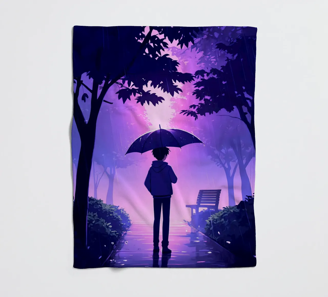 Un ragazzo con ombrello in piedi nel parco di notte pioggia Lofi Art coperta in pile da LoFi Gallery