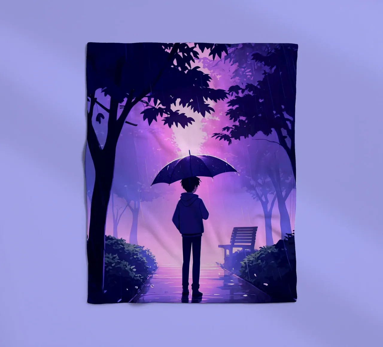 Un ragazzo con ombrello in piedi nel parco di notte pioggia Lofi Art coperta in pile da LoFi Gallery