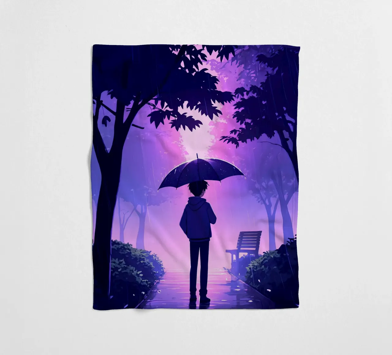 Un ragazzo con ombrello in piedi nel parco di notte pioggia Lofi Art coperta in pile da LoFi Gallery