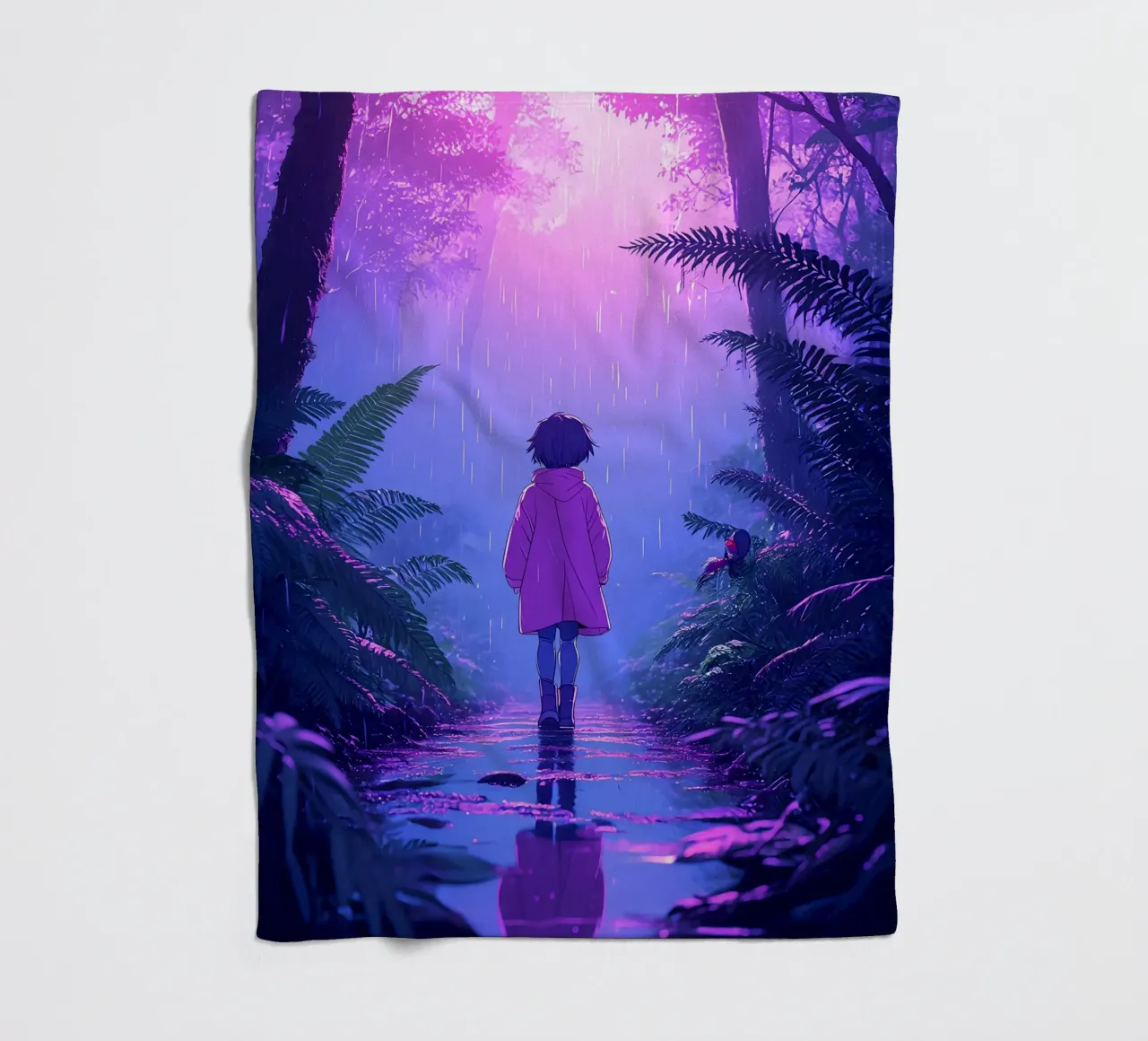 Una ragazza in piedi in una giungla in una notte di pioggia Lofi Art coperta in pile da LoFi Gallery