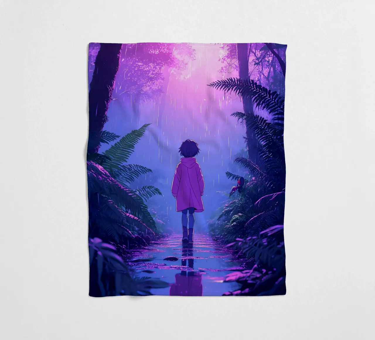 Una ragazza in piedi in una giungla in una notte di pioggia Lofi Art coperta in pile da LoFi Gallery