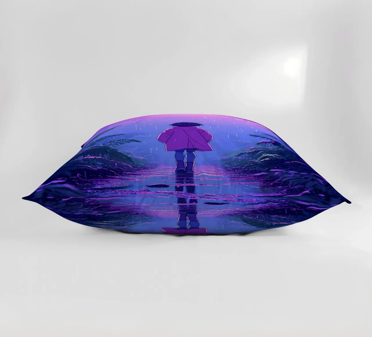 Una ragazza in piedi in una giungla in una notte di pioggia Lofi Art cuscino da LoFi Gallery